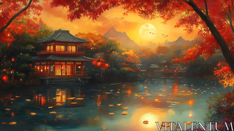 Lakeside pavilion stands under autumn foliage at sunset