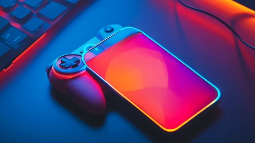 Gaming Controller and Smartphone with Neon Lighting.