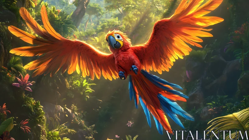 Scarlet macaw soars through glowing rainforest canopy light