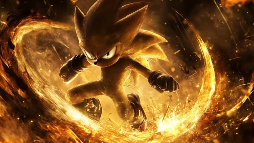 High-energy hedgehog silhouette encircled by dynamic golden shockwave
