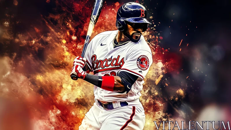 Blazing swing captures baseball power in vivid color storm.