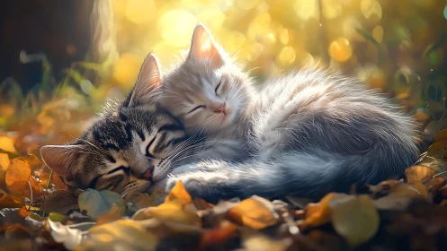 Two Whisker Dreamers Napping in Golden Autumn Glow.