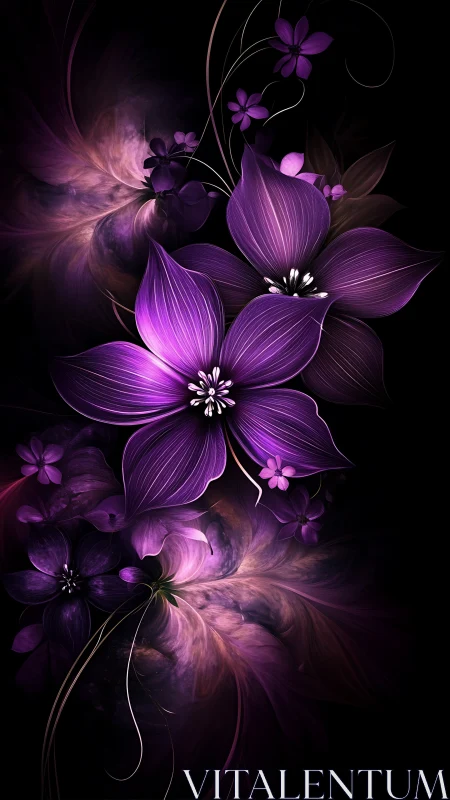 Purple Flowers Bloom Against Black Background With Glowing Effects