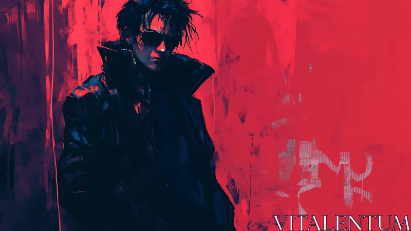 High-contrast cyberpunk figure in angular brushwork and neon red field