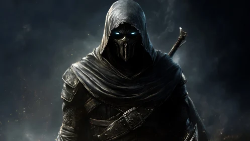 Hooded spectral assassin stands shrouded in swirling shadow.