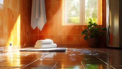 Sunlit orange-tiled bathroom floor with reflective wet surface.