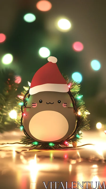 Cheerful kawaii ornament glows softly in cozy holiday lights