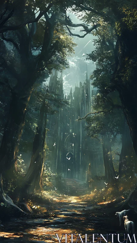 Cathedral ruins framed by ancient forest with ethereal light