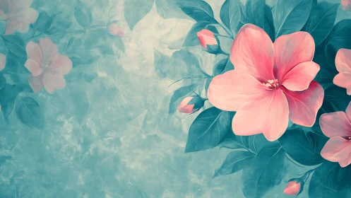 Pink Blossoms Bloom Against Serene Turquoise Foliage.