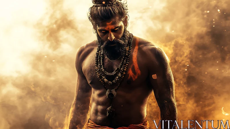 Fire-forged ascetic stands blazing amid swirling embers.