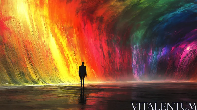 Silhouetted figure stands before towering cascading color waves