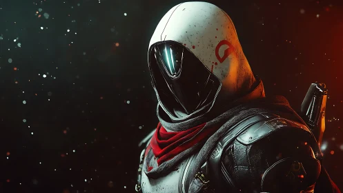 Cyberpunk sentinel portrait with high-gloss helmet rendering.