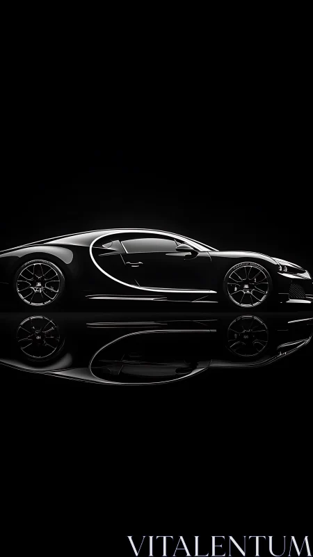 Sleek black hypercar side profile with mirror reflection.