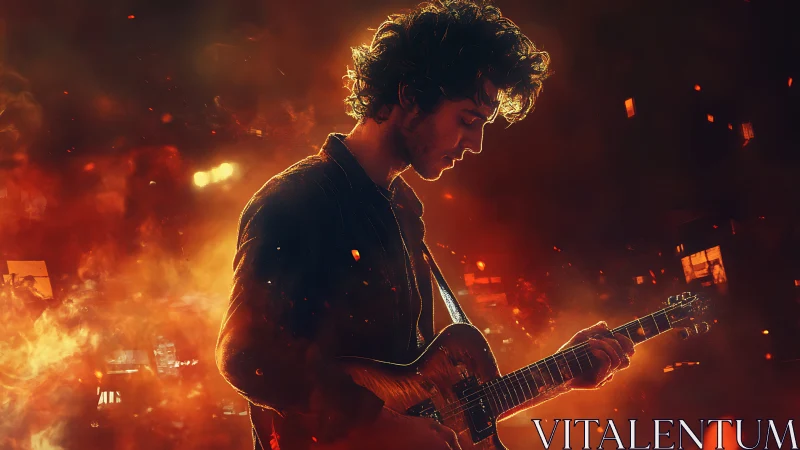 Guitarist silhouette against blazing cinematic firestorm.