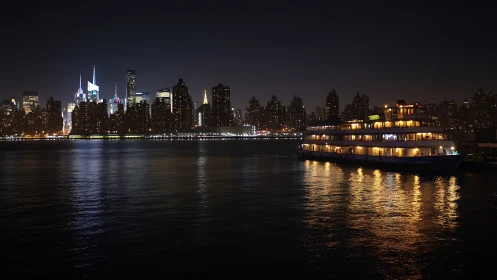 Night harbor skyline with illuminated multi deck cruise vessel
