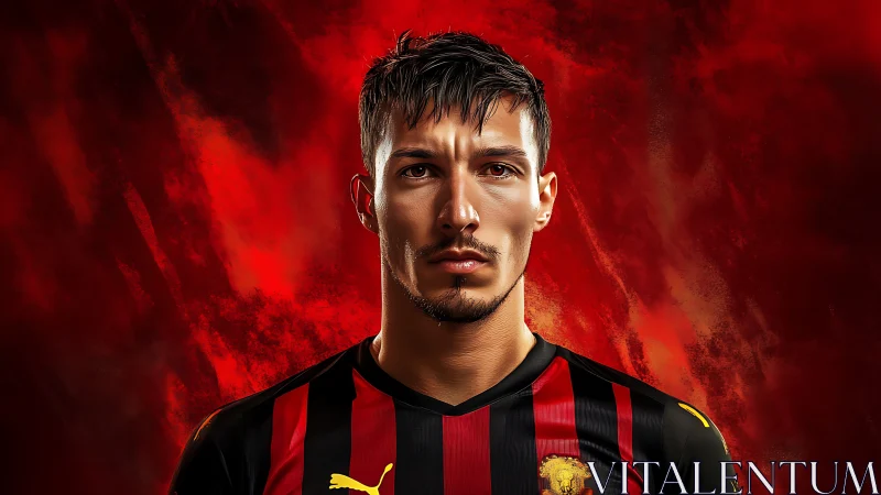 Hyper-detailed football portrait with red-black kit and fiery bokeh
