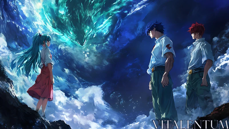 Skybound confrontation beneath a swirling cosmic rift.