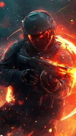 Armored figure with rifle stands amid controlled fiery effects