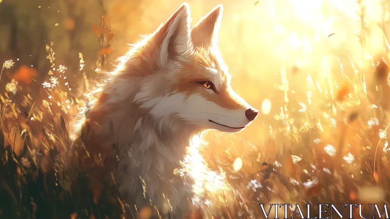 Golden meadow fox pauses peacefully in warm evening light