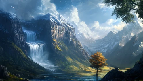 Majestic alpine cirque with tiered waterfall and lone autumn tree