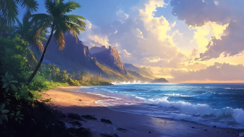 Tropical Beach at Sunset with Mountain Backdrop.