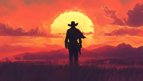Lone cowboy silhouette before large sun over open plain.