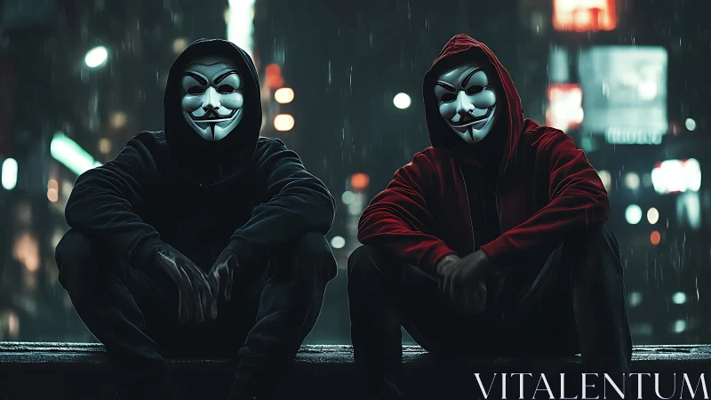 Masked urban operators in nocturnal rain-soaked megacity environment.