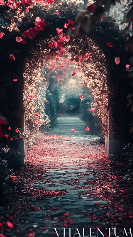 Enchanted stone walkway beneath rose-draped garden archway.