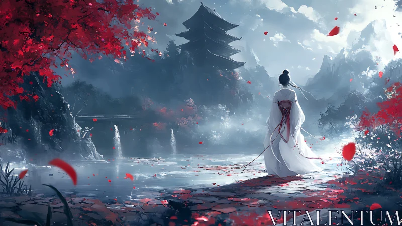 Solitary woman in white gazes toward misty pagoda temple.