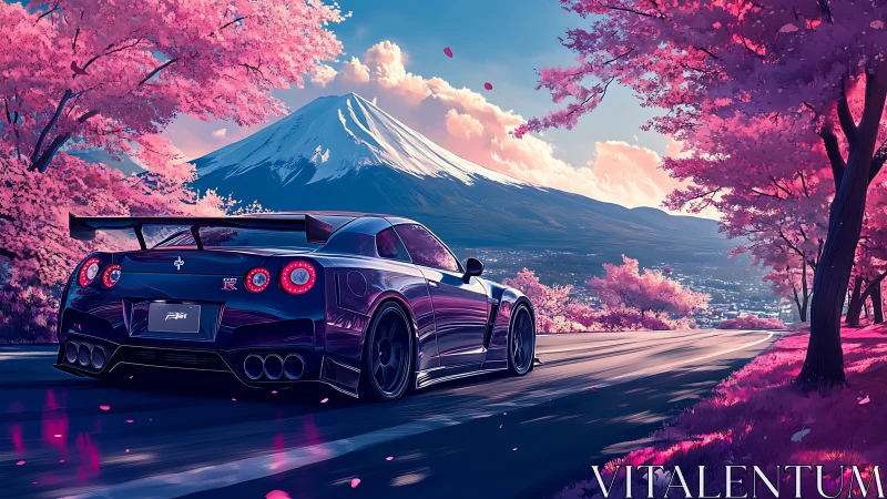 Sports car drives under cherry blossoms toward distant mountain