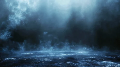 Mystic blue ocean horizon under ethereal volumetric light.