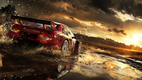 Rally race car powers through wet dirt track at sunset