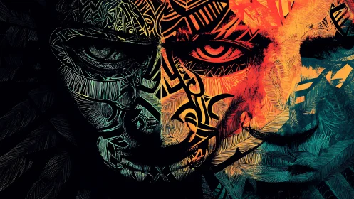 Dual-toned tribal portrait with intricate vector engravings.