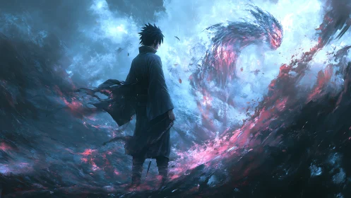 Lone warrior commands stormlit spectral dragon vortex.