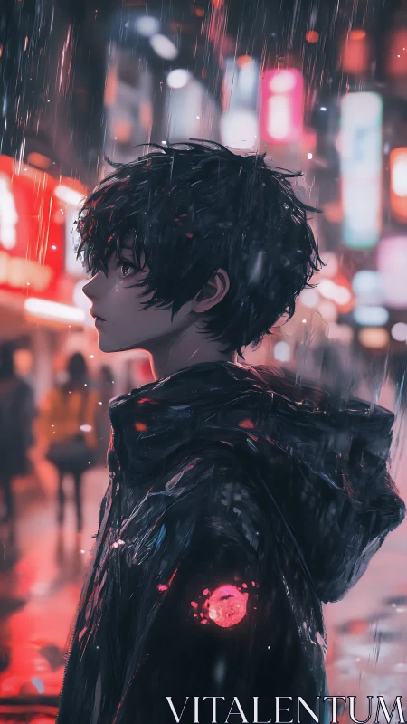 Profile view of hooded figure in rainy neon city street