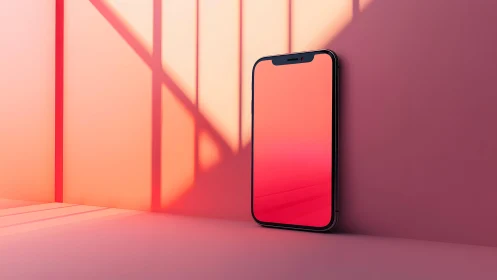 Modern smartphone against pink wall in minimalist sunlight scene.