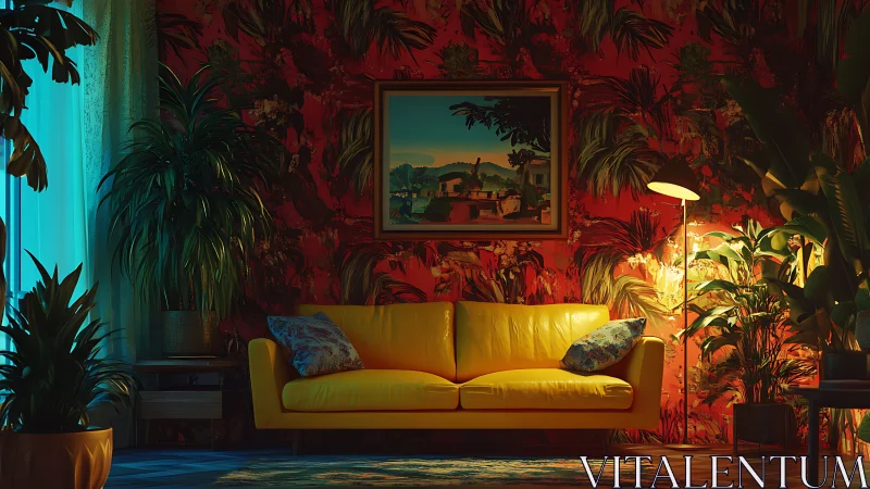 Yellow sofa anchors tropical red living room vignette.