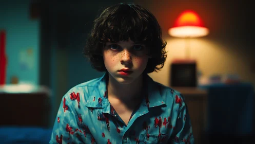 Freckled child in patterned shirt under warm lamp light.