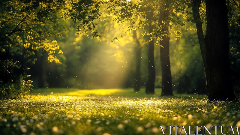 Sunlit forest glade with soft morning light and dreamy atmosphere.