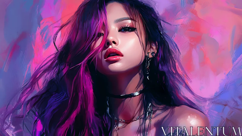 Digital portrait of woman in neon pink and purple light.