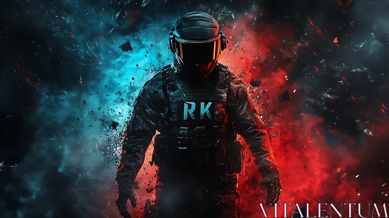 Armored figure stands centered between red and blue effects