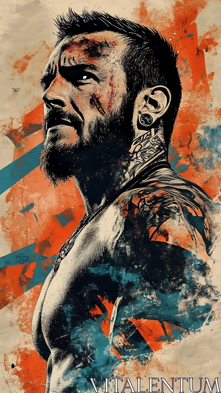 Strong tattooed fighter gazes ahead with gritty confidence.