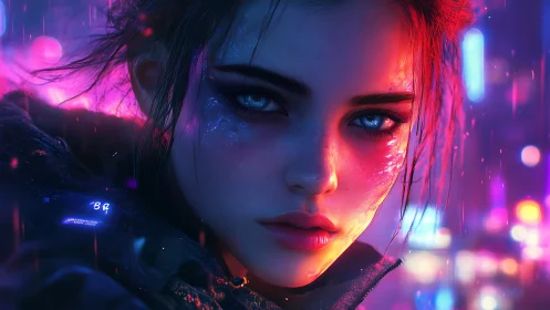 Cyberpunk portrait of young woman in neon cityscape.