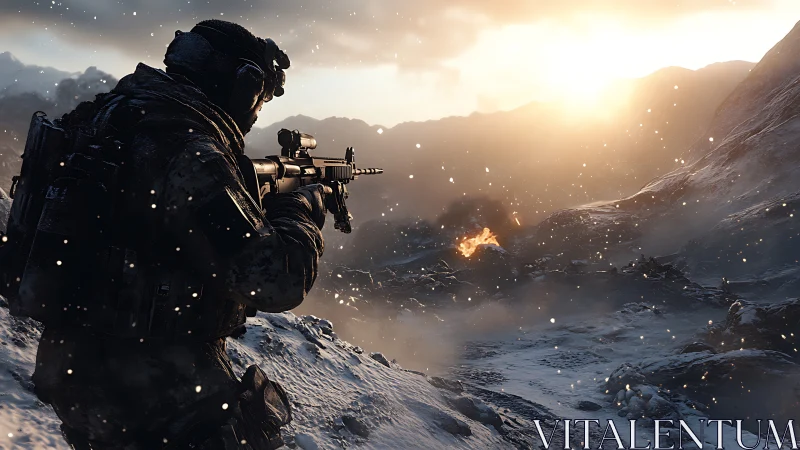 Tactical shooter in snowy mountain terrain with distant explosions.