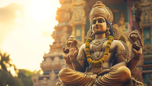 Golden Hindu deity statue in temple courtyard at sunset.