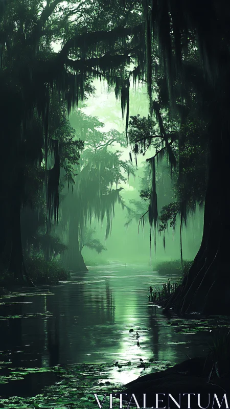 Misty emerald swamp path bathed in quiet morning light.