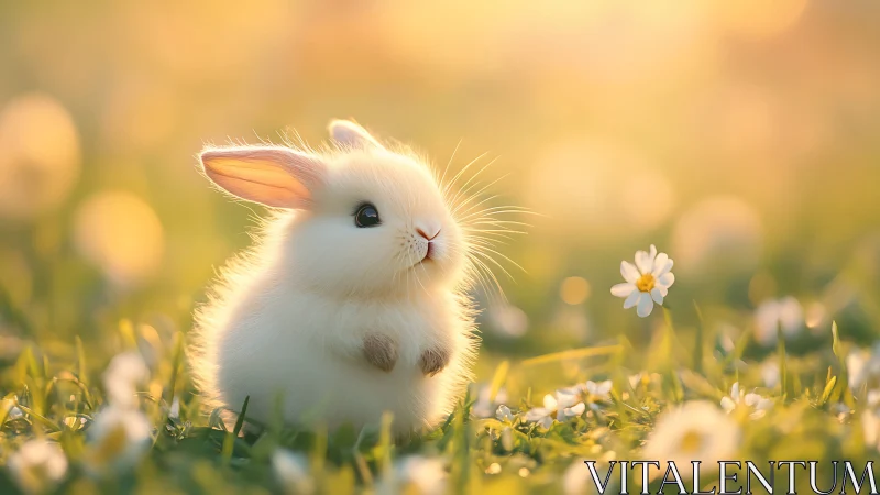 Fluffy baby bunny rests in glowing spring meadow at dawn.