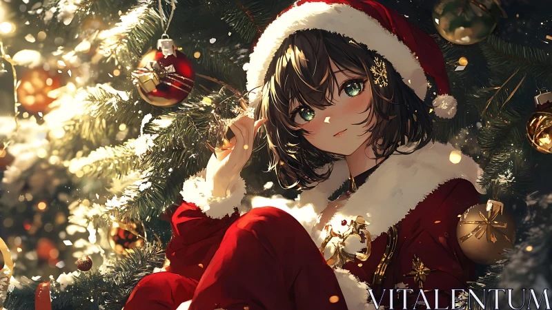 Cozy anime girl in festive Santa red beside glowing tree.