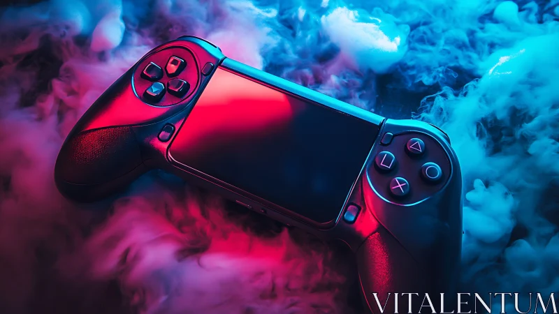 Neon gaming controller floating in vibrant smoke clouds