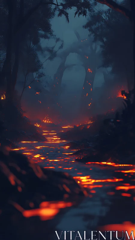 Inferno Path Through Misty Forest Engulfed in Flames
